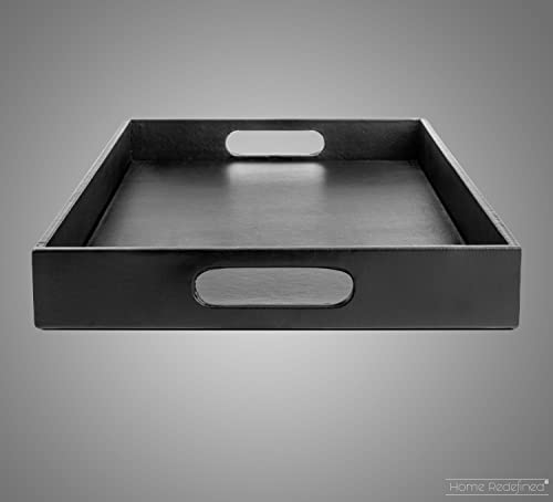 Home Redefined Beautiful Modern Elegant 17.5"x12" Rectangle Classic Black Faux Leather Decorative Tray Ottoman Coffee Table Perfume Living Room Kitchen Serving Tray with Handles for All Occasion's - color: Black Leather