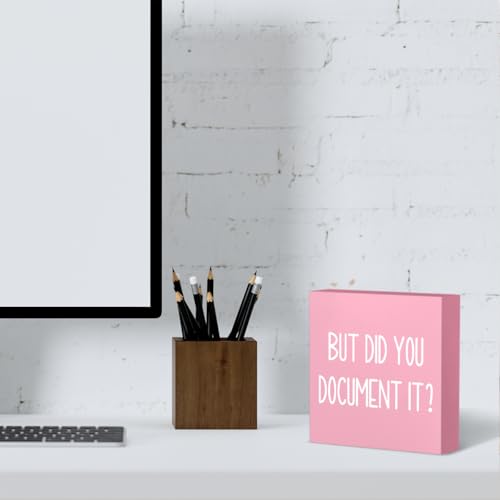 mmiishe But Did You Document It Wooden Box Sign Decorative Funny Office Wood Box Sign Home Office Decor Rustic Farmhouse Square Desk Decor Sign for Shelf Pink - color: Pink, size: 5 x 5 inches