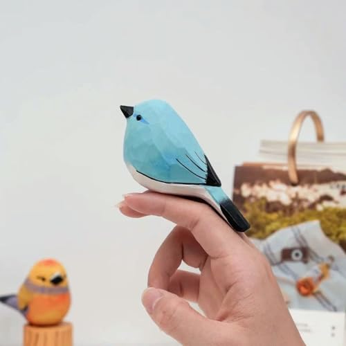 Handmade Wooden Blue Robin Figurine - 3.7" Hand-Carved & Painted Bird Statue - Solid Basswood Animal Sculpture for Home Office Decor, Holiday Ornaments & Memorial Gift for Bird Lovers - color: Blue