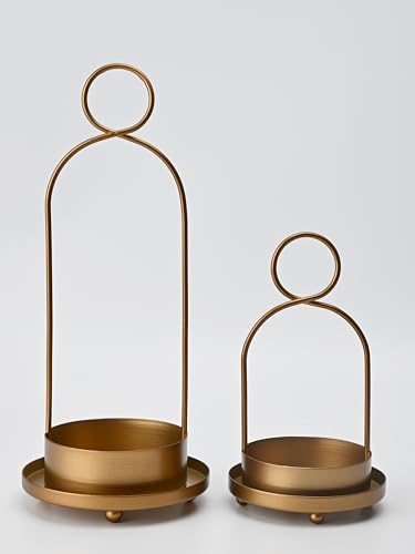 Metal Candle Holder with Handmade Glass Dome in Brass, 5" & 4" Wide Versatile Hurricane Glass Candle Holders Set of 2, for Pillar Candles & Plants (Brass)