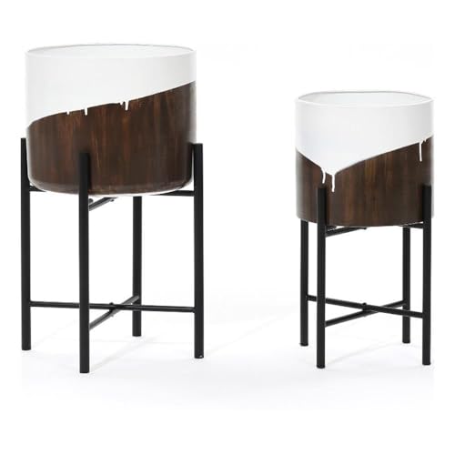 LuxenHome Modern Planter Pots, Set of 2 Planters for Indoor Plants, White and Brown Large Planters with Black Metal Stand, Flower Pots for Living Room, Office, Garden or Balcony, 10.25 & 12.5 Inch - color: E White Brown 12.5"+10.2"
