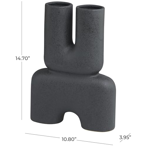 Deco 79 Ceramic Abstract Dual Opening U-Shaped Vase with Glossy Speckled Texture, 11" x 4" x 15", Black - color: Black