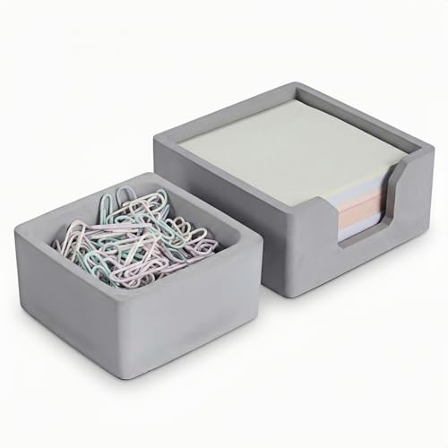 Concrete Desk Organizer Set of 2 - Minimalist Sticky Note Holder & Paper Clip Dispenser - Heavy Duty Office Desk Accessories with Non-Slip Base for Home Workspace Organizer & Desk Decor, Gray - color: Gray