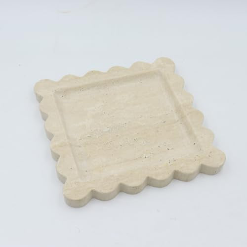 Square Marble Decorative Tray with Scalloped Edge, Luxury Natural Stone Bathroom Vanity Tray, Dresser Top Perfume Coffee Home Kitchen Sink Tray, Key Trinket Ring - color: Beige Travertine