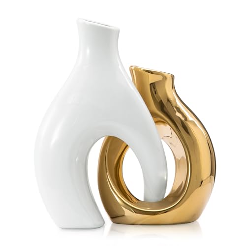 White and Gold Vases, Set of 2 vases Flowers, Pretty Vase Home Decor Boho, Hollow Modern Ceramic vase for Centerpieces - color: Gold Ocean