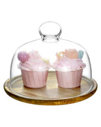 QWORK Glass Dome Cloche with Acacia Wood Tray – 7" Cover for Cakes, Cheese & Table Display