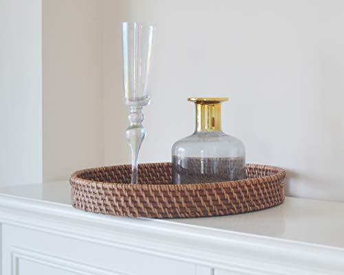 Round Rattan Woven Serving Tray with Handles Ottoman Tray for Breakfast, Drinks, Snacks for Coffee Table, Home Decorative (Honey Brown, 13.8"x2") - size: 13.8"