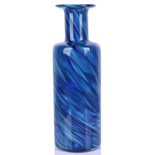 13" H Hand-Blown Glass vase, Modern Art Glass Cylindrical vase, Blue Glass Decorative vase, Ideal for Living Room Dining Table centerpieces, TV Console, Office, or Console Table Decor. - color: Blue