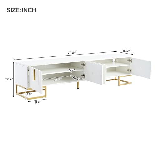 ON-TREND Modern TV Stand with Metal Legs and Gold Handles for TVs Up to 80'', Media Console Table with Cabinets and Adjustable Shelves, Luxury TV Cabinet with Geometric Lines for Living Room, White - color: White+gold1