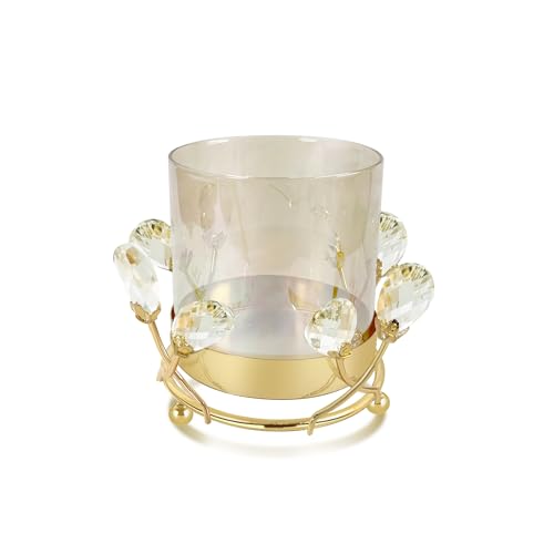 Gold Hurricane Candle Holder with Crystal Accents & Windproof Glass Lid - Elegant Gold Pillar Candle Holder for Wedding, Dinner & Party Table Decor - size: Medium