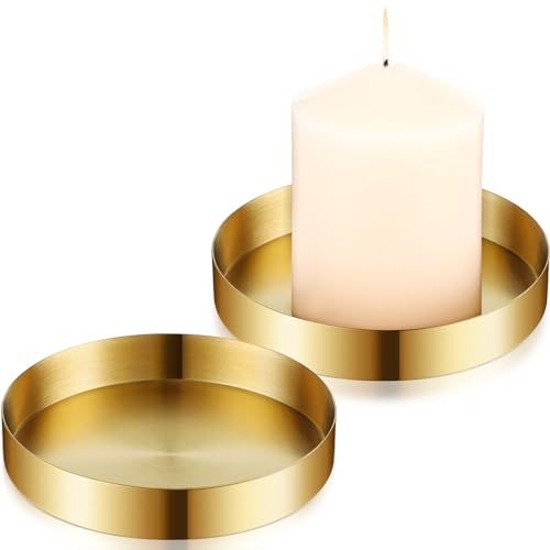 2 Pack Round Gold Trays Small Brass Tray Round Metal Candle Dish Stainless Steel Jewelry, Make Up, Candle Plate Decorative Tray for Bathroom Kitchen Dinning Coffee Table Decoration,4.9 Inch