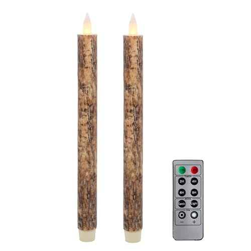 Flameless Taper Candles Flickering with Remote and Timer, 3D Moving Flame Taper Candle Battery Operated to 400 Hours, 9 Inch Window Candles, (Bark) - color: Bark