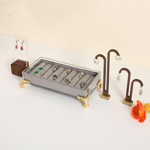 GemeShou velvet slots Ring holder for jewelry organizer, Grey earring ring display stand for selling, felt ring jewelry holder tray showcase【Velvet slots Ring Holder-Grey】 - color: Grey