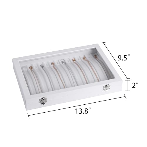 Frebeauty 15 Hooks Necklace Tray,Neckalce Organizer with Clear Lid,Velvet Necklace Holder Box,Jewelry Organizer for Pendants Chains,13.8x9.5x2 inches Necklace Jeweley Tray for Women(White) - color: White