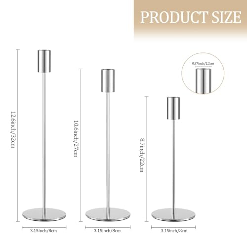 Set of 3 Silver Taper Candle Holders, Metal Gold Candlestick Holders, Tall Candle Holder, Fits 3/4 inch Thick Candle&Led Candles, for Table Centerpiece, Wedding, Dinning, Party Home Decor - color: Silver, size: 3PC