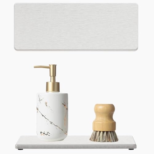 2PCS Bathroom Sink Vanity Trays, Water Absorbing Diatomite Stone Drying Soap Dish Dispenser for Kitchen Counter, Sponge Holder Mat Rack Faucet Splash Guard Caddy Organizer, Beige, 9"x3.5" - color: 2 Pack - Greige, size: 9" x 3.5"