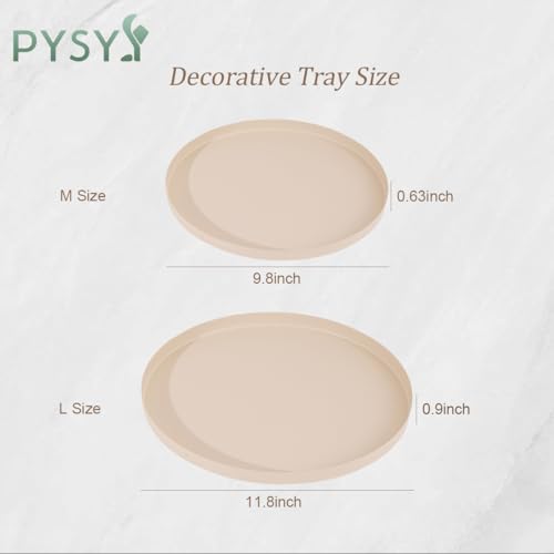2 Pcs 11.8" and 9.8" Round Beige Metal Tray, Coffee Table Candle Holder & Decorative Serving Tray, Kitchen Counter Organizer for Modern Farmhouse Home Decor (Beige,11.8"+9.8”)