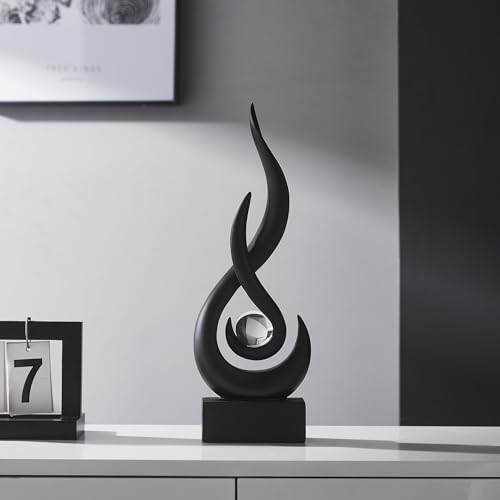AWNR Modern Black Sculpture Decor: Flame Statue with Glass Ball Resin Abstract Art Figurines Unique Centerpiece for Living Room TV Stand Coffee Table Office Decor - color: Big Black Statue