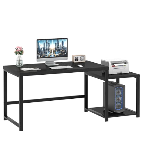 FOLUBAN Large Home Office Desk, Black Computer Desk with Storage Shelves, Modern Wood Writing Study Gaming Table for Bedroom Living Room, 63 Inch - color: Black