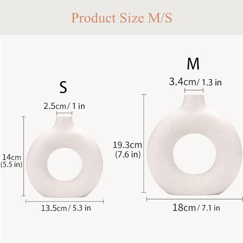 White Ceramic Donut Vase Set of 2, Hollow Matte Pampas Flower Vases for Boho Home Wedding Party Room Dinner Table Shelf Decor.（White） - color: White, size: Donut Set of 2