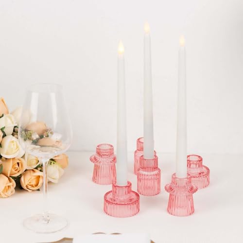 Efavormart Set of 6 Pink Ribbed Crystal Glass 3" Taper Candle Holders, Reversible Mini Votive Tealight Candle Stands - color: Type4
