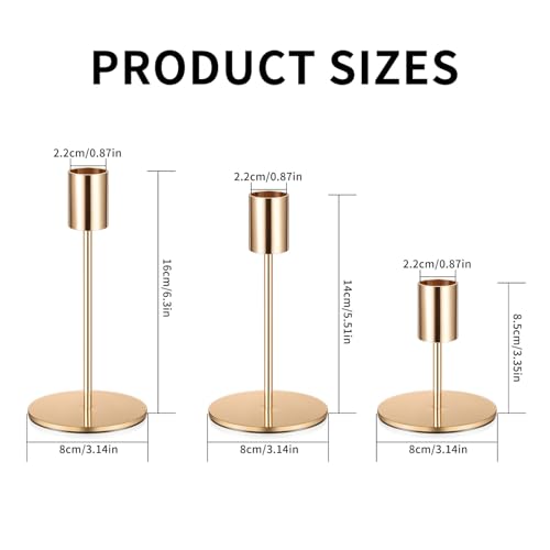 3 Pcs Gold Taper Candle Holders, Gold Candlestick Holderss, Candle Sticks Holder Decor for Mantel Centerpiece Fireplace Wedding Dinning Party Home Cabinet Table Decor(3 Heights)
