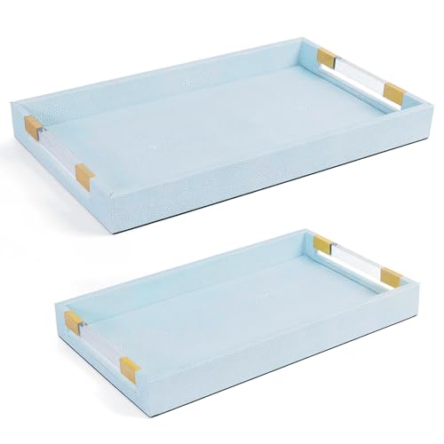 2 Pack Large Ottoman Tray Shagreen Decorative Tray Serving Tray with Acrylic Gold Handles, Ice Blue Vegan Leather Coffee Table Tray for All Occations Home Decor - color: Light Aqua, size: 2 Pack, L(19.7" x 12" x 2") M(17.7" x 10.2" x 2")