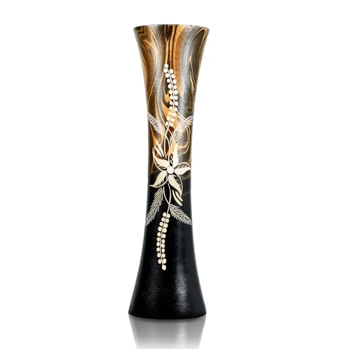 AeraVida Hand Carved Tropical Flower 14-inch Curved Cylindrical Wooden Vase Brown