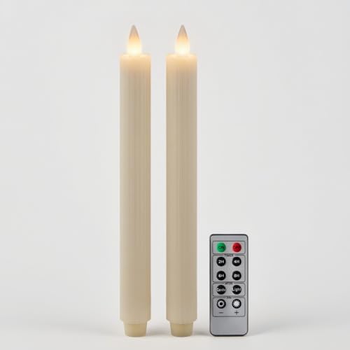 Flameless Taper Candles Flickering with Remote and Timer, 3D Moving Flame Taper Candle Battery Operated to 400 Hours, 9 Inch Window Candles, (Ivory-Vertical Stripes) - color: Ivory-Vertical Stripes