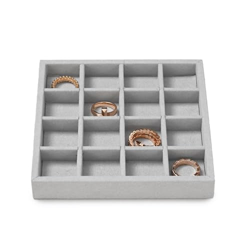 Microfiber 16 Grids Stackable Jewelry Display Trays Showcase Jewelry Organizer Storage Trays(Gray) - size: 5.49" x 5.52" x 0.78"