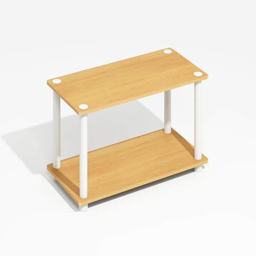 Furinno Turn-N-Tube Side Table, 2-Tier Wide End Table with Open Shelf, Toolless Assembly Night Stand, Bedside Table, for Living Room, Bedroom, Light Beech - color: Light Beech/White, size: 1-Pack