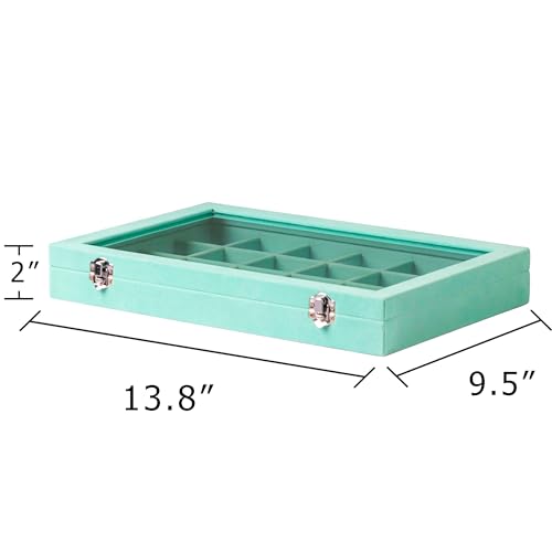Frebeauty Jewelry Organizer Tray with Clear Lid 24 Grid Velvet Drawer Insert Jewelry Storage box with Transparent Glass lid Jewelry Display Case with Lock Gifts for Girls Women (Turquoise, 24 Grid) - color: Turquoise, size: 24 Slots