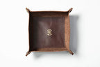 American Made Premium Leather Valet Tray, Folds Flat! Dice Rolling Basket and Organizer with Brass Rivets (Dark Walnut Brown, Medium) - color: Dark Walnut Brown, size: 5" x 5" x 2"