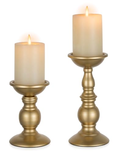 2 Pcs Gold Pillar Candle Holders, Gold Candlestick Most Ideal for 3" Pillar Candles, Gifts for Wedding, Party, Home, Spa, Reiki, Votive Candle (S + L) - color: Gold, size: S + L
