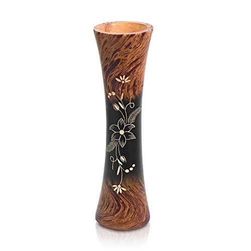 AeraVida 14-Inch Mango Wood Jasmine Flower Carved Brown Vase Cylindrical Home Decor Accent for Tabletop Arrangements Handmade Rustic Indoor Display for Dried or Silk Flowers