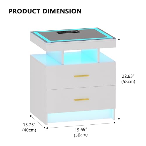 Smart LED Nightstand Set of 2 - with - Modern Night Stand with Wireless Charging Station, Glass Top Bedside Table with Drawers for Bedroom, Glossy End Table with Human Body Induction (White) - color: White X2 2 Drawers-glass Top