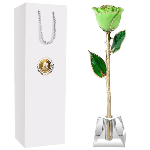 AliveRose Valentines Day Gift Rose, 24K Gold Dipped Rose Made from Real Rose - Unique Design Gold Plated Rose for Anniversary Valentines (Green Handmade Rose with Crystal Base) - color: A2. Green Handmade Rose White Crystal Vase