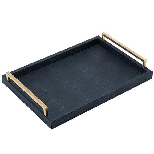 XIGEXIGE Black Faux Leather Serving Tray, 17x12 inches, Brushed Gold Handles, Decorative Tray for Ottoman Coffee Table, Living Room, Kitchen, Bathroom - color: Black, size: 17" x 12" x 2.5"