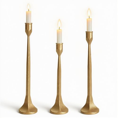 Vintage Gold Taper Candle Holders Set of 3 Cast Iron Antique Brass Decorative Candlestick Holder for Wedding Dining Table Party Rustic Home Decor - color: Gold