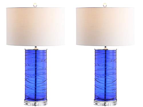 JONATHAN Y 27.5" Cobalt Modern Fused Glass Table Lamp Set of 2 for Bedroom Living Room, Coastal Nightstand Bedside Lamp with White Linen Shade, LED Bulbs Included (JYL4017D-SET2) - color: Cobalt