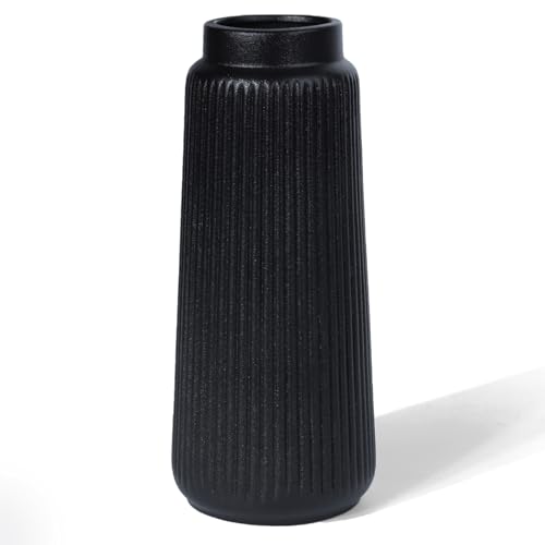 Black Ceramic Vase, 8 Inch Conical Flower Vase for Pampas Grass, Modern Minimalist Ribbed Decorative Vase for Living Room Table, Shelf Decor - color: Matte Black03