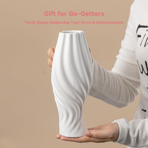 White Ceramic Torch Vase with Spiral Design - 8.8" Unique Flower Vase for Pampas Grass & Centerpieces, Decorative Boho/Farmhouse Vase for Living Room, Office Desk & Gift for Her/Yourself - color: Torch Spiral