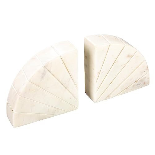 Creative Co-Op Modern Arched Semicircle Marble Bookends with Carved Detail, Set of 2, White