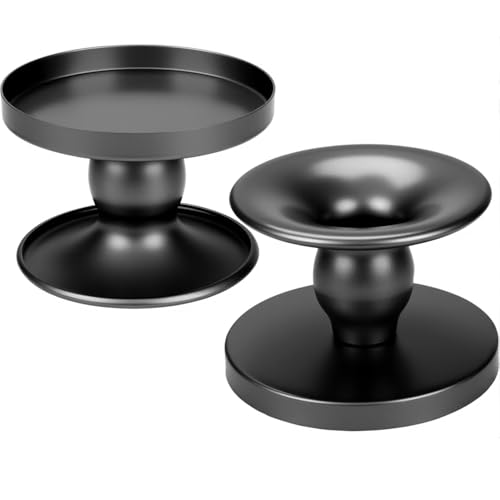 Table Gold Candle Holders – Set of 2 | Reversible Metal Candle Stand for Pillar & Taper Candles | Stylish Tabletop Candle Tray for Home Décor, Weddings & Special Occasions (Black) - color: Black