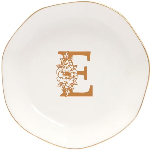 Ceramic Jewelry Tray Initial Ring Dish Personalized E-Monogrammed Engagement Wedding Gifts,Decorative Jewelry Holder for Friends,Sister,Birthday Mother's Day Christmas for Women,Ceramic White - style: E