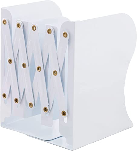 Adjustable Metal Bookends Heavy Duty for Shelves, 2 Dividers, Anti-Slip Design Expandable Book Ends for Desk, Office(White, 19 inches Max) - color: White