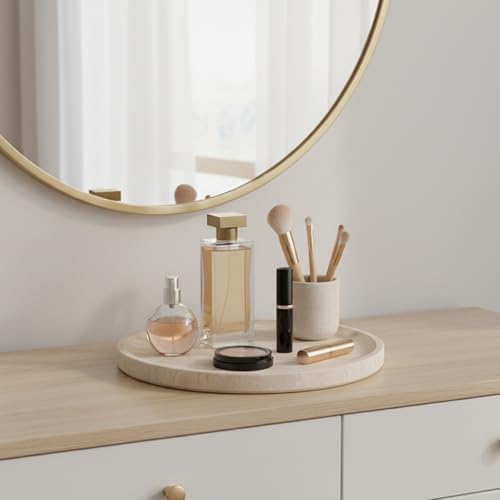 Koville Natural Travertine Tray for Home Decor, 10 Inch Round Serving Tray for Kitchen and Coffee Table, Decorative Marble Bathroom Trays for Counter, Luxury Vanity Tray, Light Beige Stone Tray
