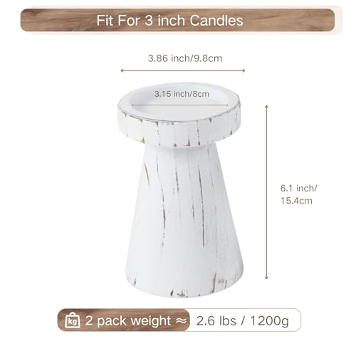 Wood Candle Holders for Pillar Candles, Set of 2 Vintage Rustic Tall Modern Farmhouse Decor, Decorative Wooden Candlestick Stand for Fireplace Mantel, Table Centerpiece - Distressed White - color: Distressed White