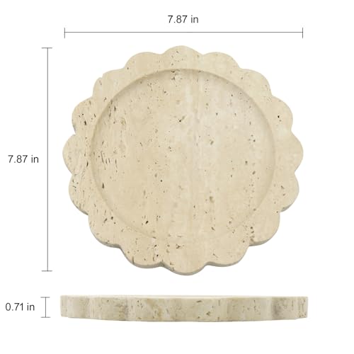 Round Marble Decorative Tray with Scalloped Edge, Luxury Natural Stone Bathroom Vanity Tray, Dresser Top Perfume Coffee Home Kitchen Sink Tray, Key Trinket Ring - color: Beige Travertine