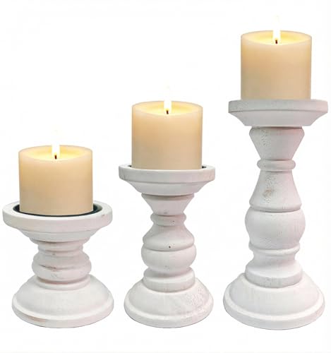 Wood Candle Holder for Pillar Candle Set of 3, Farmhouse Candle Holder Decor, Rustic Wooden Candle Stand, Vintage Tall Candle Stand Decorative for Living Room, Table Centerpiece,Rustic White - size: Set of 3